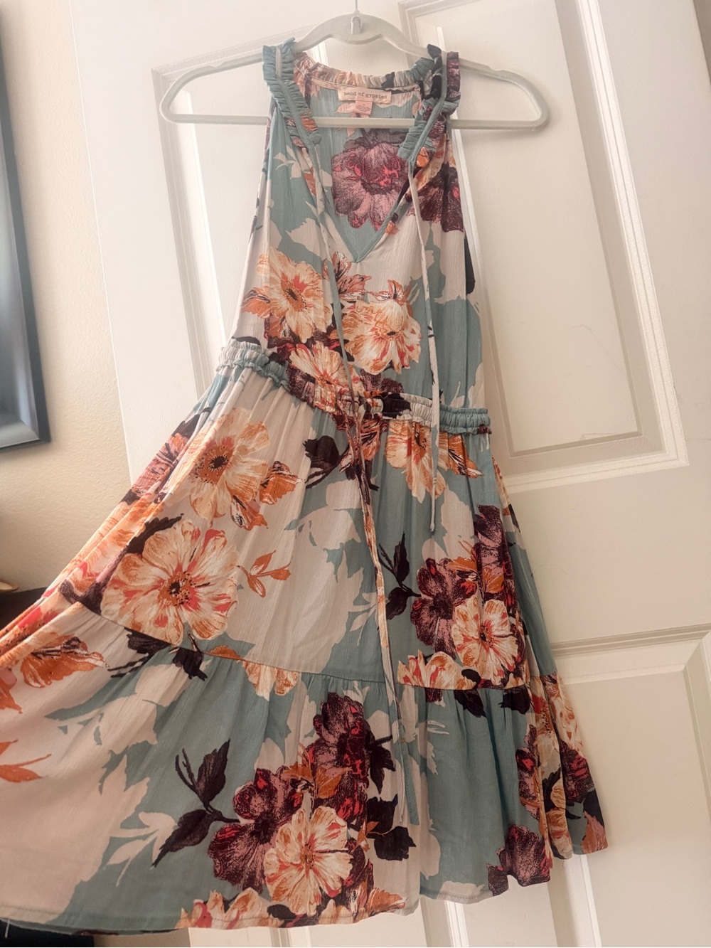 Band of Gypsies Floral Maxi Dress in Sage Green with Cream & Burgundy Blooms